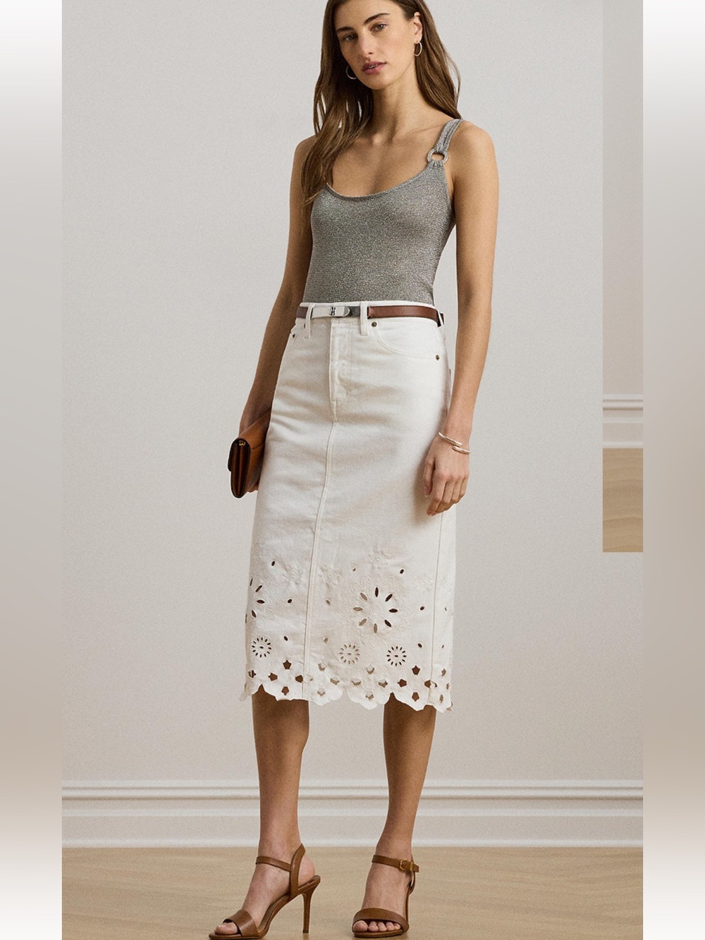 Lauren Ralph Lauren Women’s Eyelet White Denim Midi Skirt Sz 14 NWT